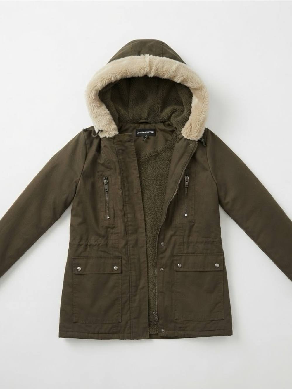 Zenana Outfitters Olive Hooded Sherpa-Lined Utility Jacket with Faux Fur Trim